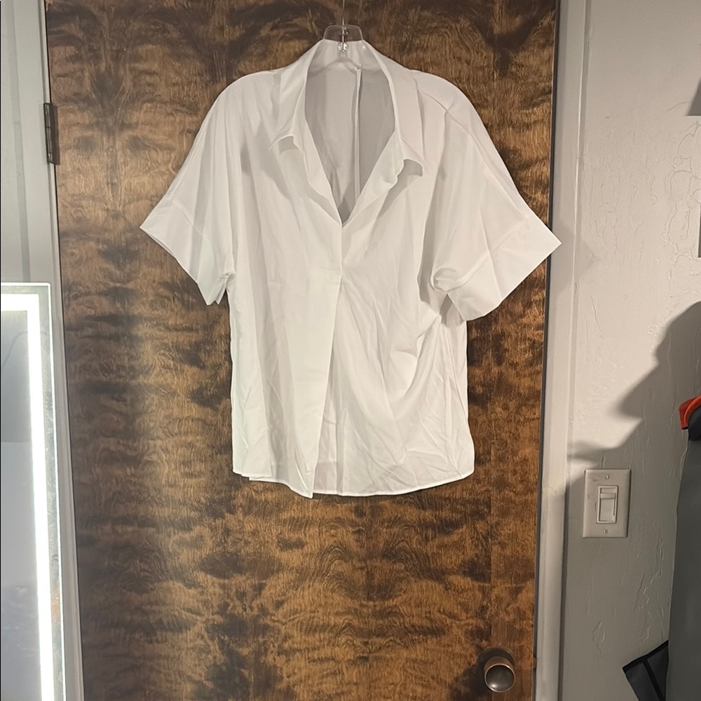 White Boxy Button Down Blouse with Notched Collar